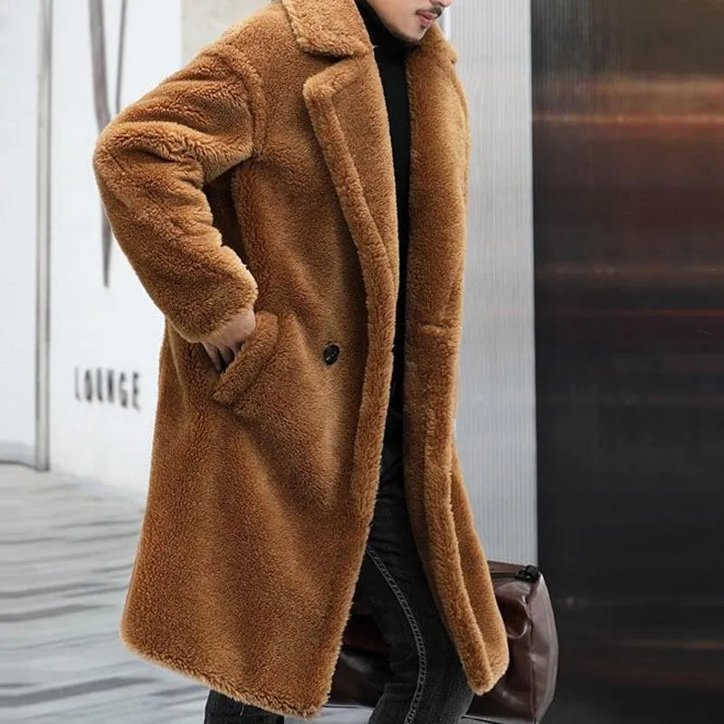BACKWOODS | Men's Warm Solid Color Teddy Plush Lapel Long Coat