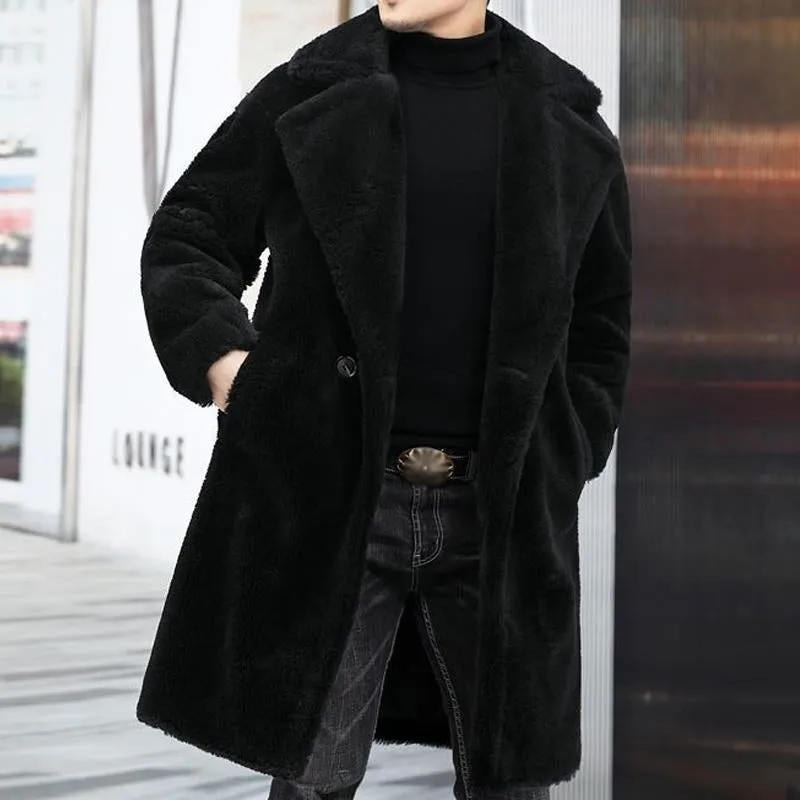 BACKWOODS | Men's Warm Solid Color Teddy Plush Lapel Long Coat