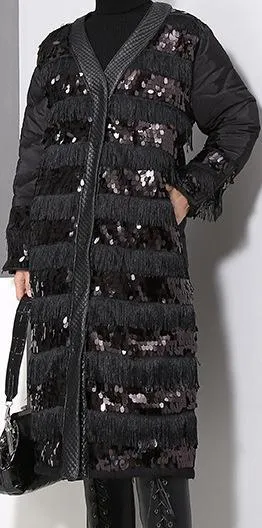 Black Sequin-Embellished Fringed Quilted Coat