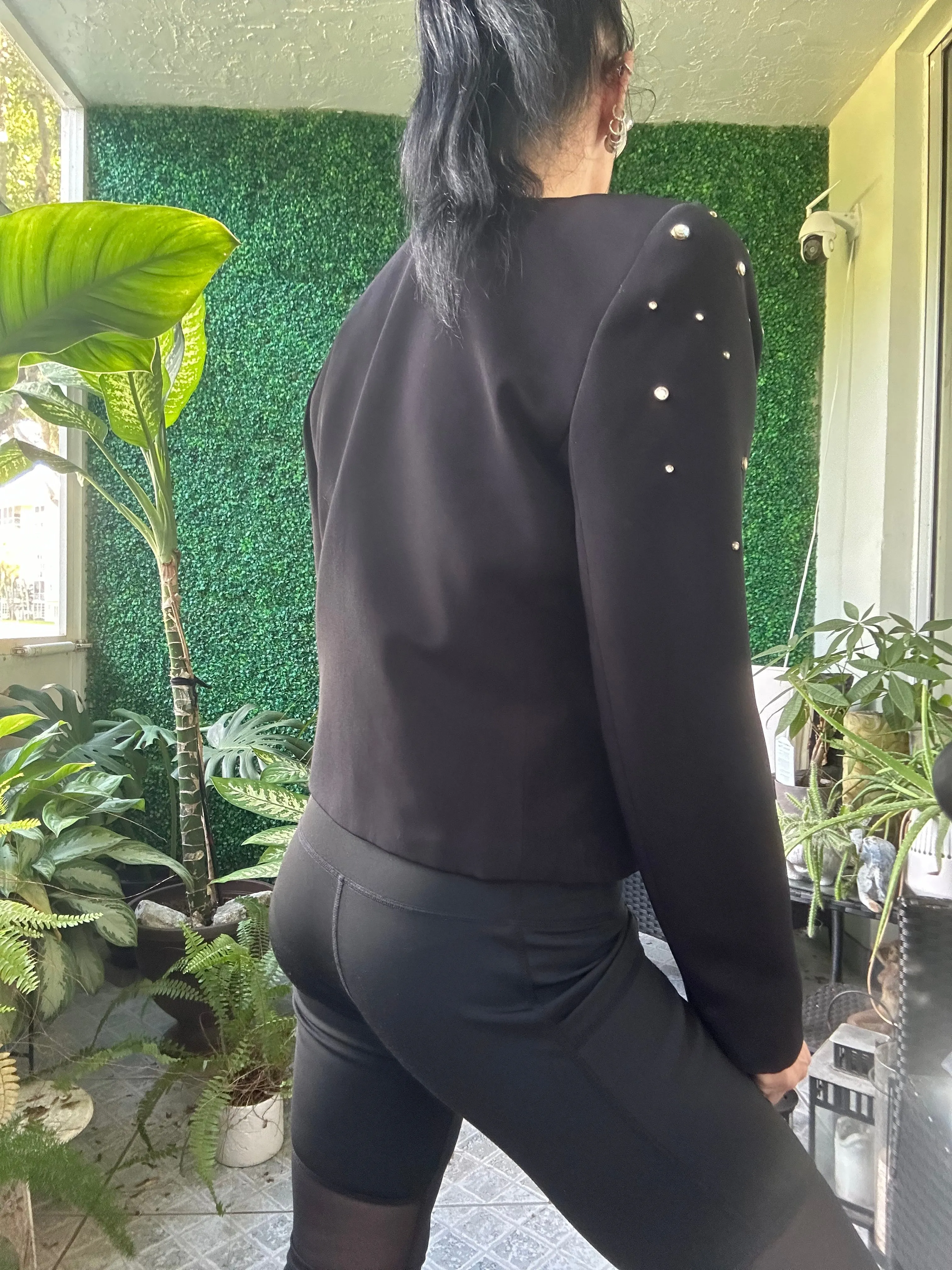 Black Tailored Blazer Bedazzled Crystal Cropped Embellishment Constance Saunders for Richard Warren