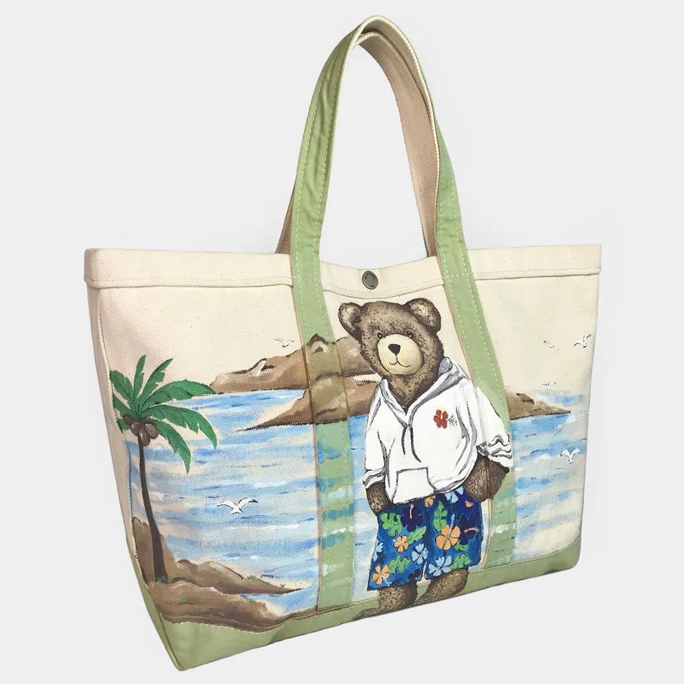BZEN-TOTE23-13 ALOHA HANDPAINTED TEDDY CANVAS TOTE BAG-24OZ-ALOHA-NATURAL