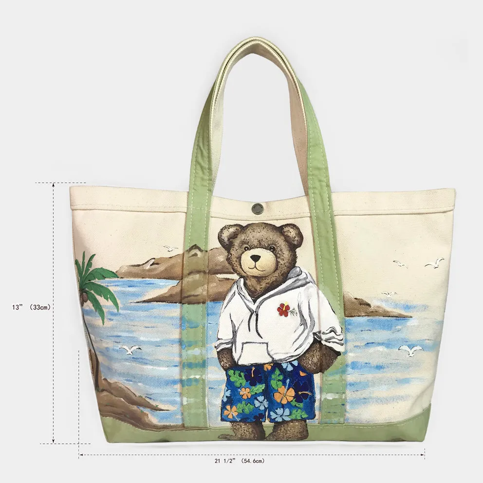 BZEN-TOTE23-13 ALOHA HANDPAINTED TEDDY CANVAS TOTE BAG-24OZ-ALOHA-NATURAL