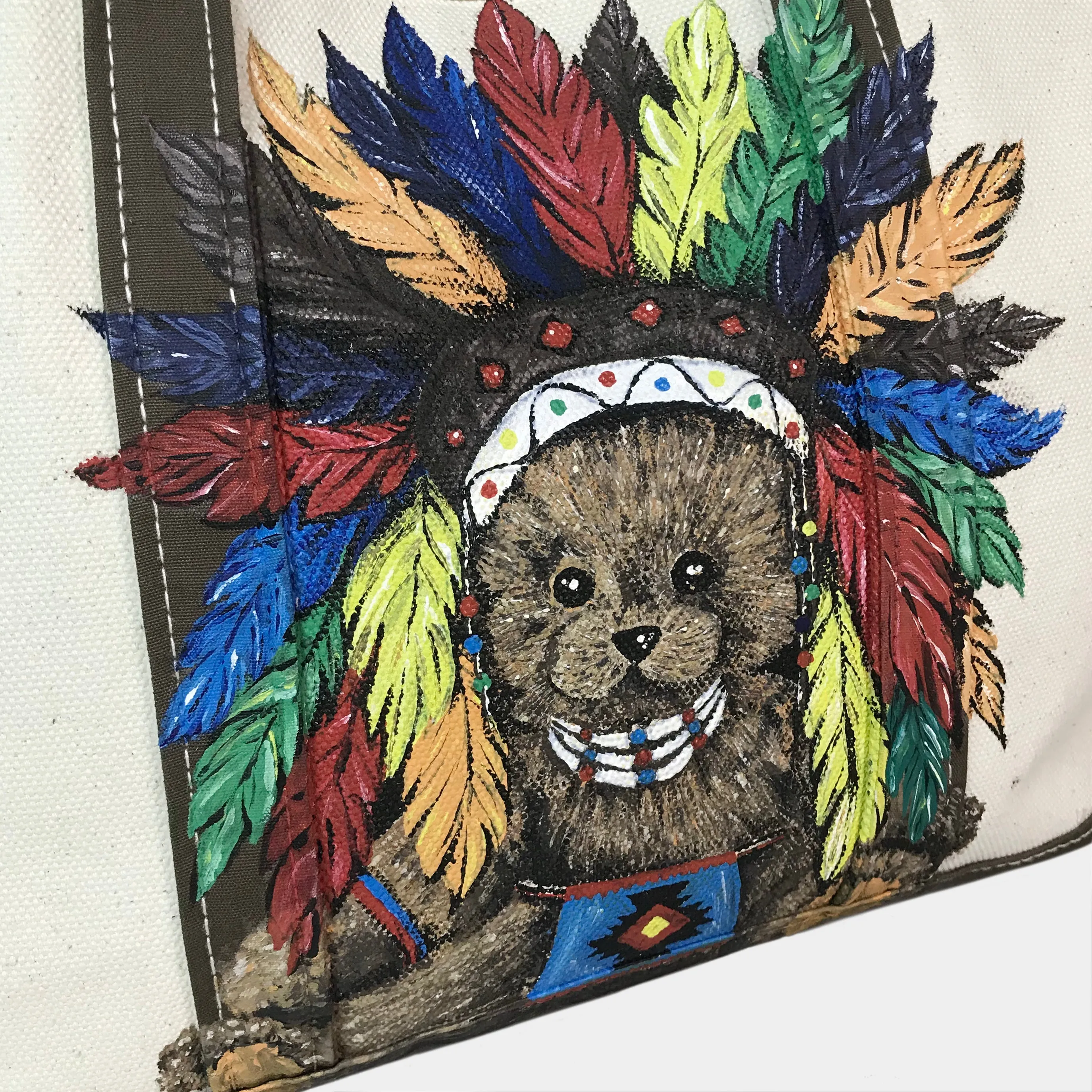 BZEN-TOTE23-13 HANDPAINTED TEDDY CANVAS TOTE BAG-24OZ-CHIEF-NATURAL