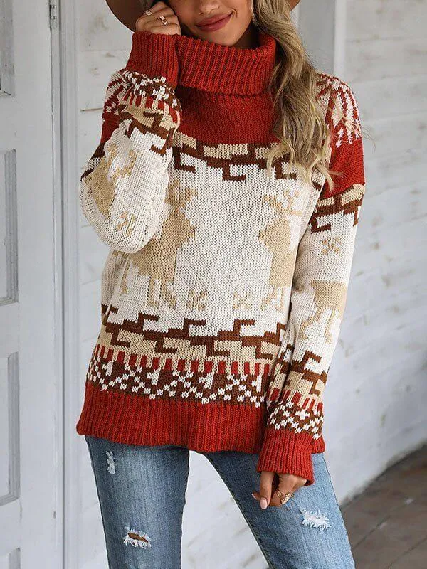 Color Block Christmas Reindeer Print High Neck Sweater