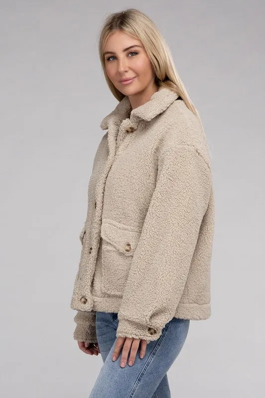 Cozy Sherpa Button-Front Long Sleeve Jacket
