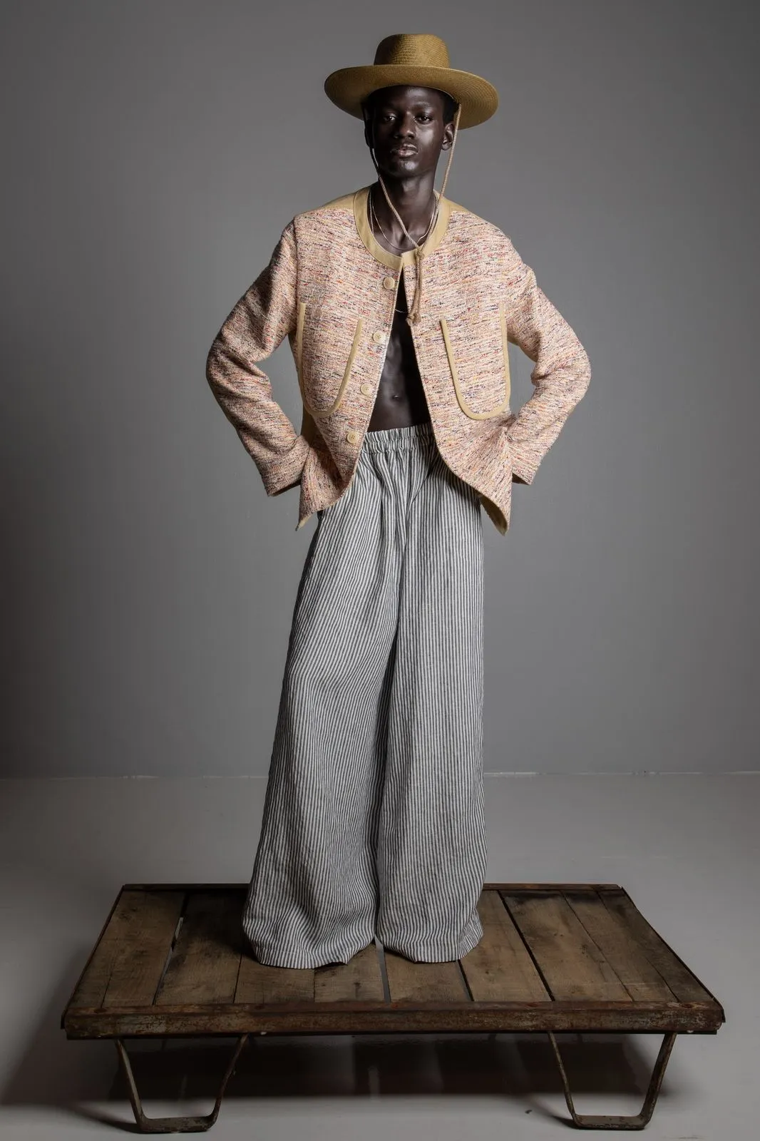 double u pocket collarless jacket pollack tweed khaki canvas