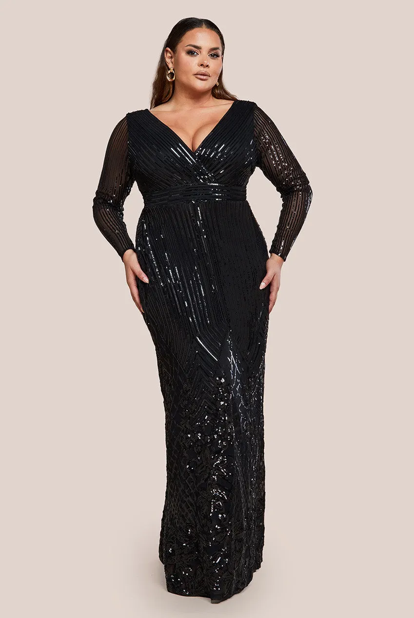Goddiva Long Sleeve Sequin V Wrap Maxi Dress