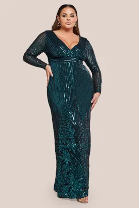 Goddiva Long Sleeve Sequin V Wrap Maxi Dress
