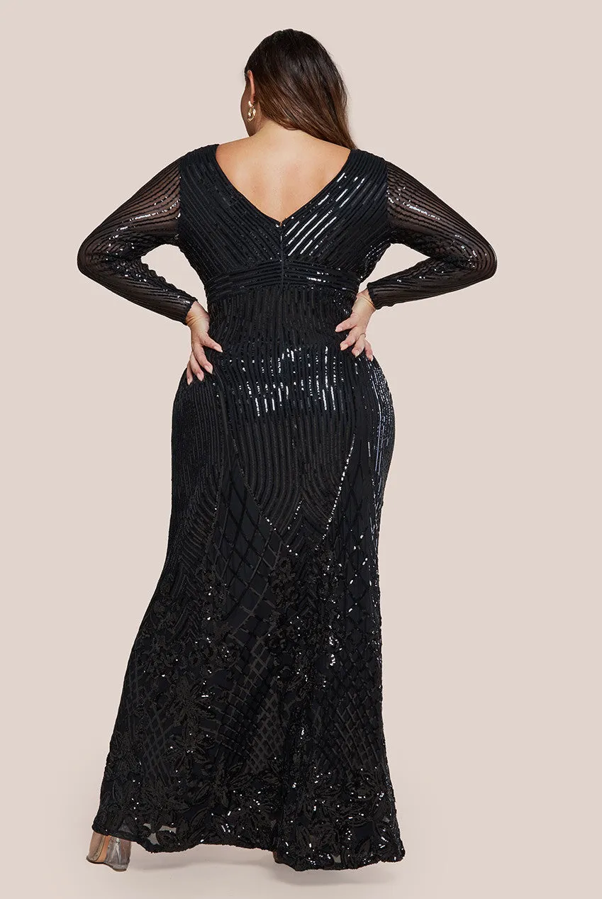 Goddiva Long Sleeve Sequin V Wrap Maxi Dress