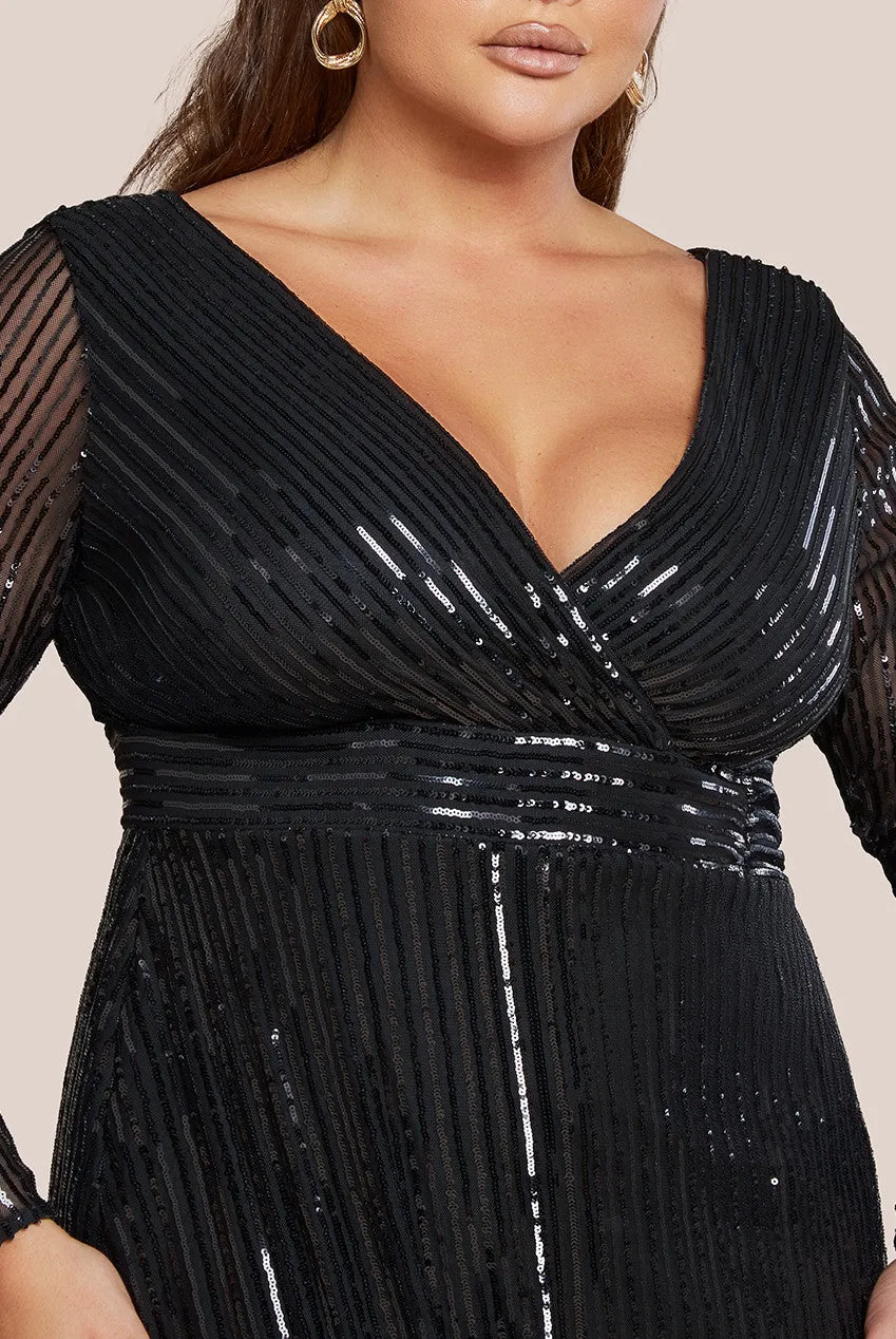 Goddiva Long Sleeve Sequin V Wrap Maxi Dress
