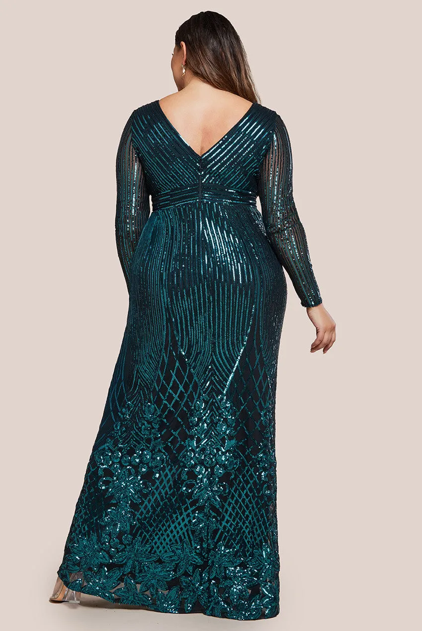 Goddiva Long Sleeve Sequin V Wrap Maxi Dress