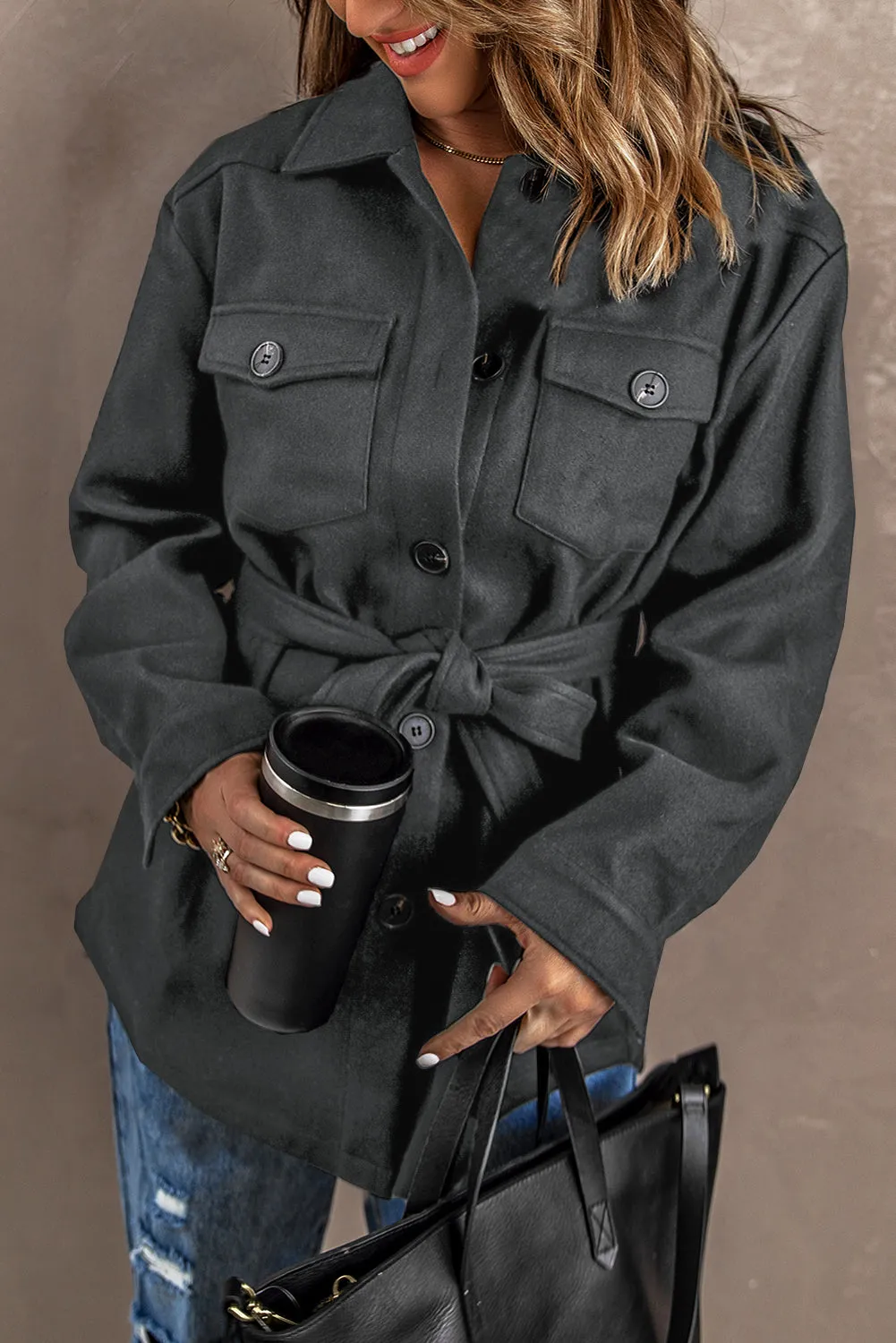 Lapel Button-Down Coat with Chest Pockets