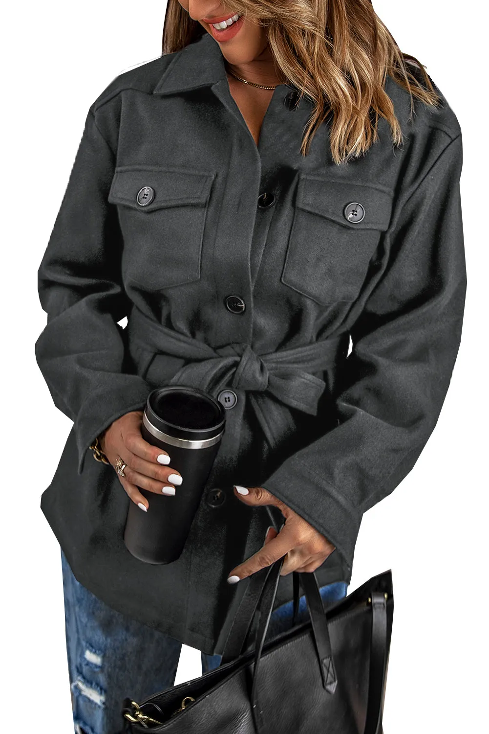 Lapel Button-Down Coat with Chest Pockets