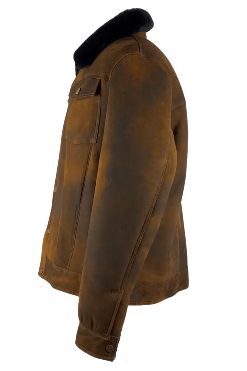 Men's Distressed Brown Denim shearling Jacket Style # 2023
