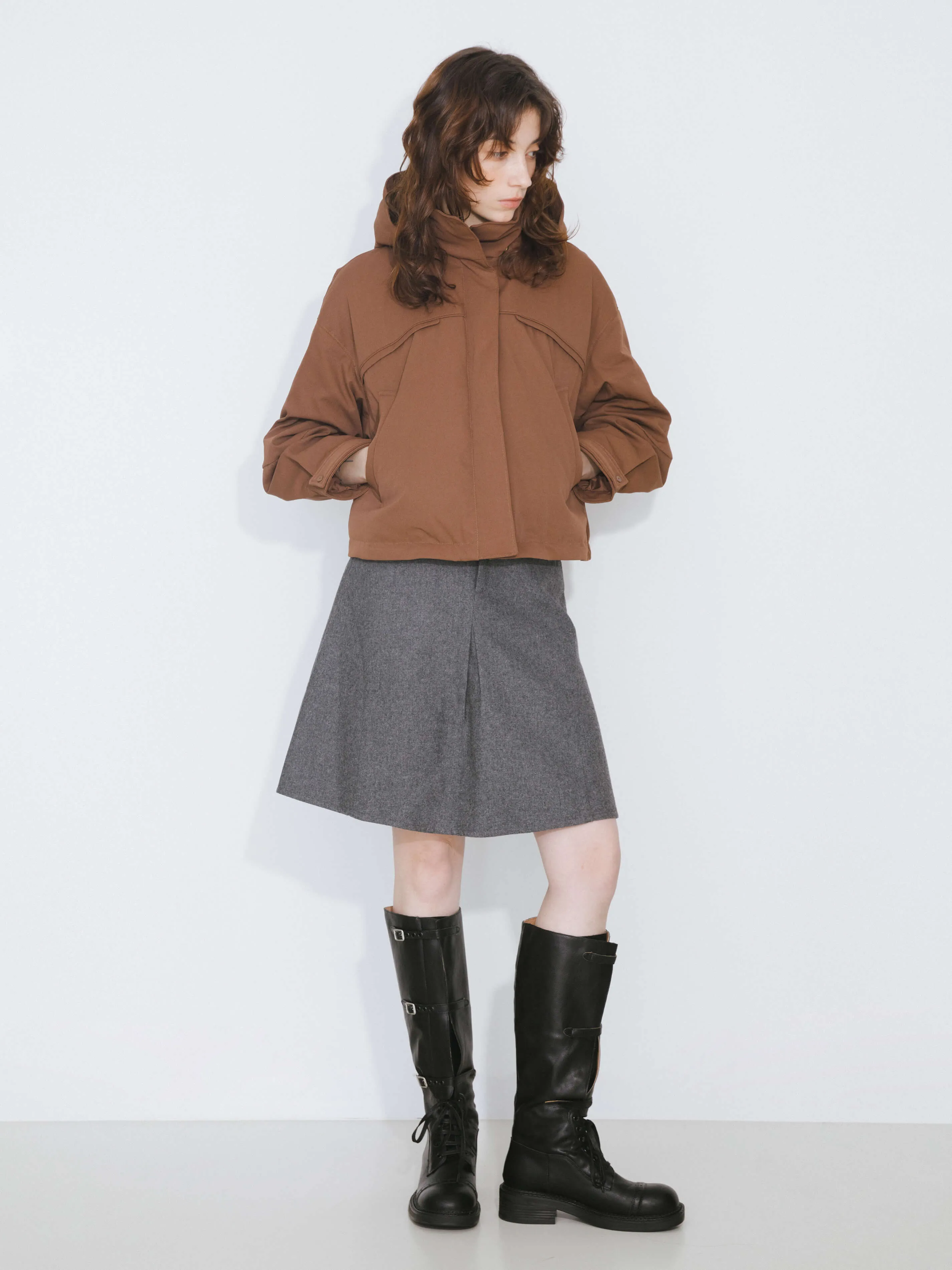 ONE BY CUBIC High Neck Short Loose Hem Down Jacket with Hood