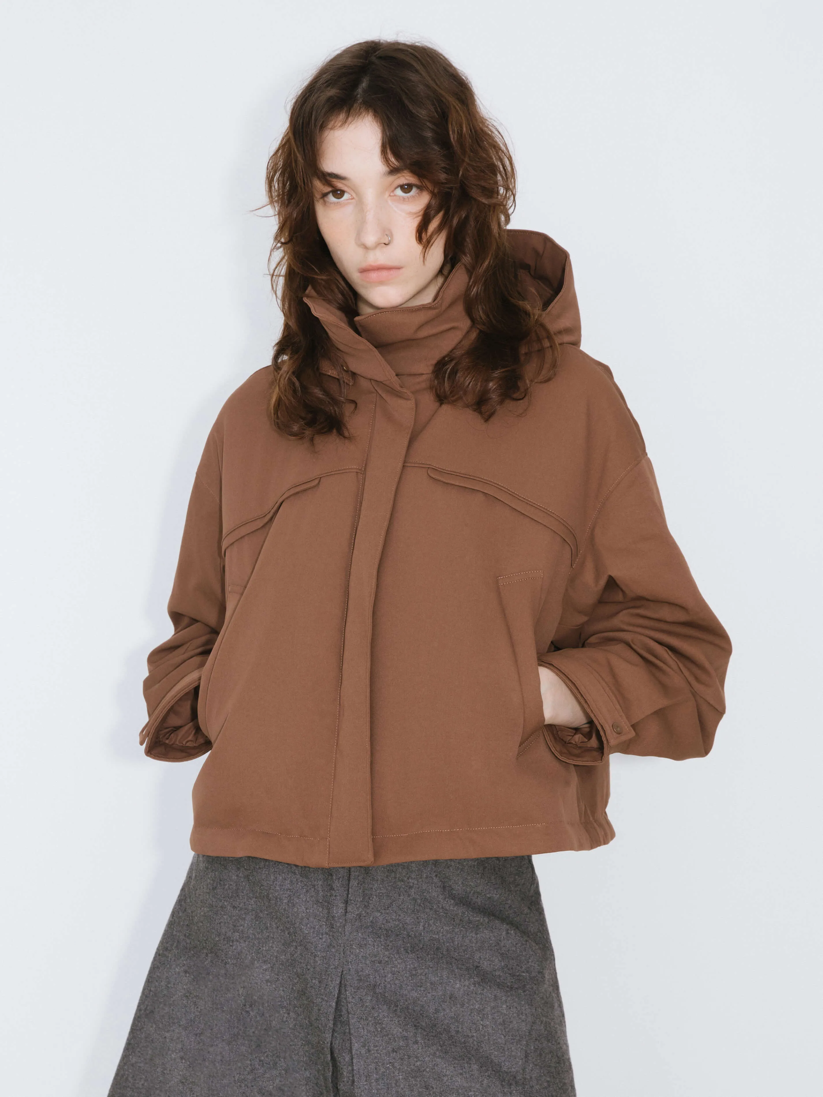 ONE BY CUBIC High Neck Short Loose Hem Down Jacket with Hood
