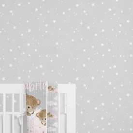 Pink Teddy Bear Gray Stars Peel & Stick Wallpaper