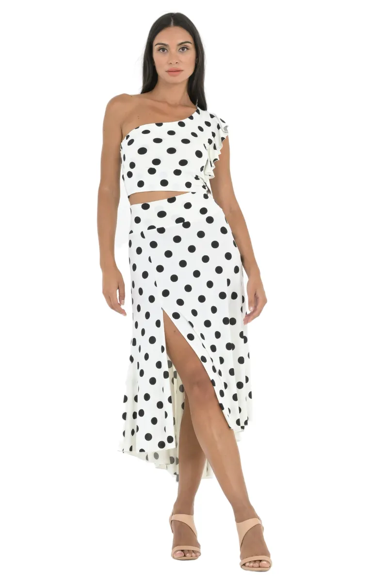 Polka Dot One Shoulder Crop Top With Ruffled Sleeve