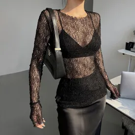 Sexy Sheer Crew Neck Slim Fit Solid Long Sleeve Top