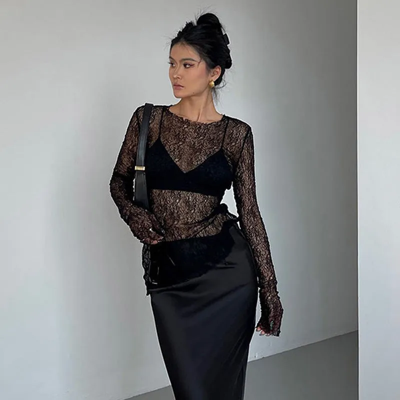Sexy Sheer Crew Neck Slim Fit Solid Long Sleeve Top