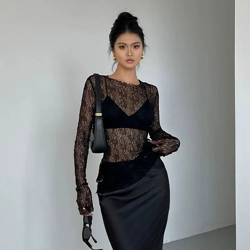 Sexy Sheer Crew Neck Slim Fit Solid Long Sleeve Top