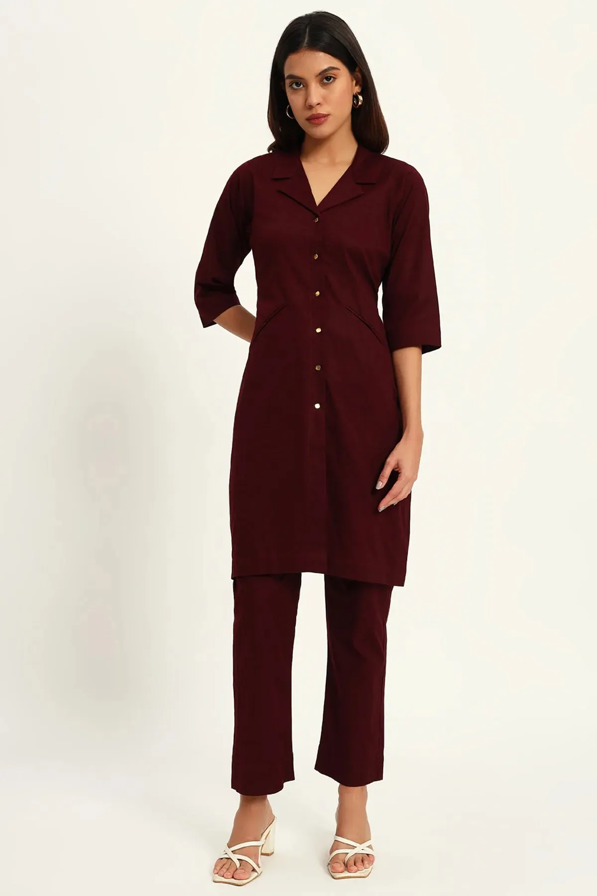 Signature Lapel Kurta Pant Set, Wine