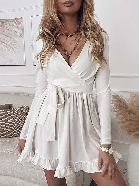 Solid V Neck Belt Ruffle Wrap Mini Dress