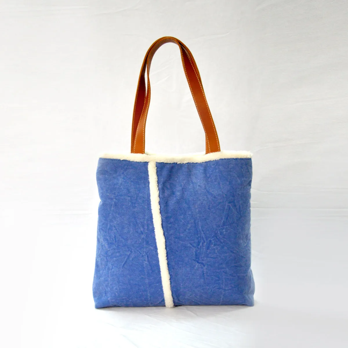 Tote bag - denim blue stonewashed canvas with leather handles