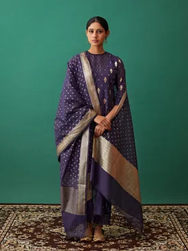 Women Banarasi Silk Embellished Roundneck Straight Fit Suit Set Purple