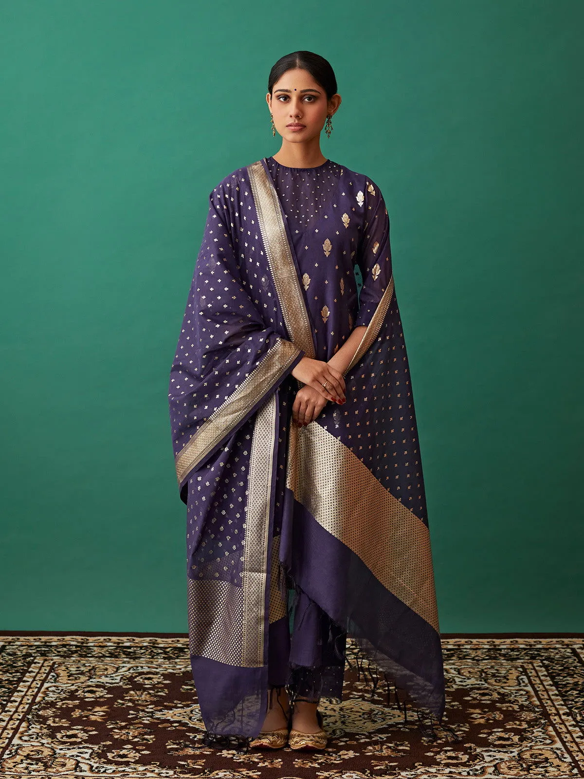 Women Banarasi Silk Embellished Roundneck Straight Fit Suit Set Purple
