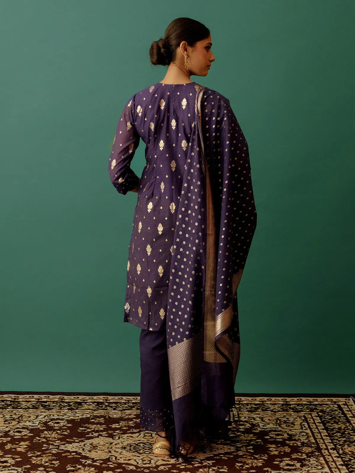 Women Banarasi Silk Embellished Roundneck Straight Fit Suit Set Purple