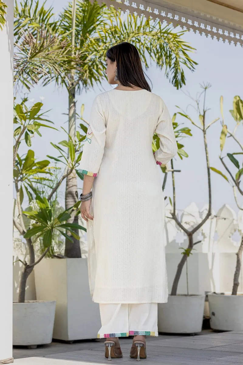 Women White Cotton Embroidered 3 Piece Kurta Set