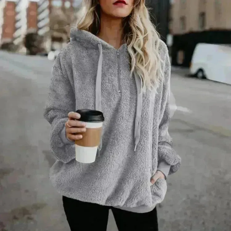 Women's Polerones Fleece Hoodie Pullover fall Winter Zipper Pocket Sweatshirt