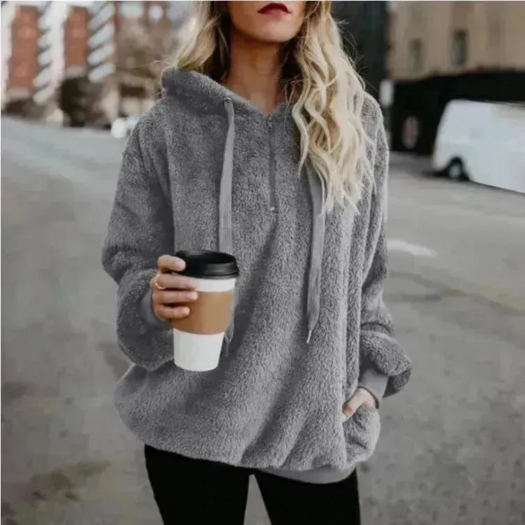 Women's Polerones Fleece Hoodie Pullover fall Winter Zipper Pocket Sweatshirt