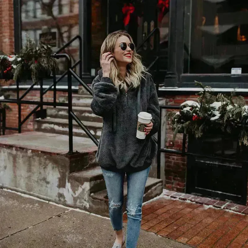 Women's Polerones Fleece Hoodie Pullover fall Winter Zipper Pocket Sweatshirt