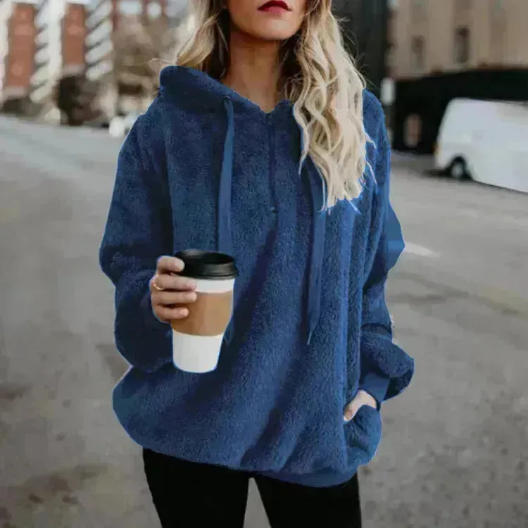 Women's Polerones Fleece Hoodie Pullover fall Winter Zipper Pocket Sweatshirt