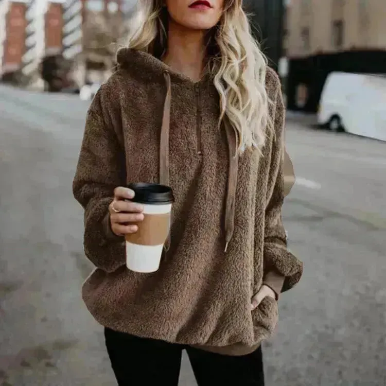 Women's Polerones Fleece Hoodie Pullover fall Winter Zipper Pocket Sweatshirt