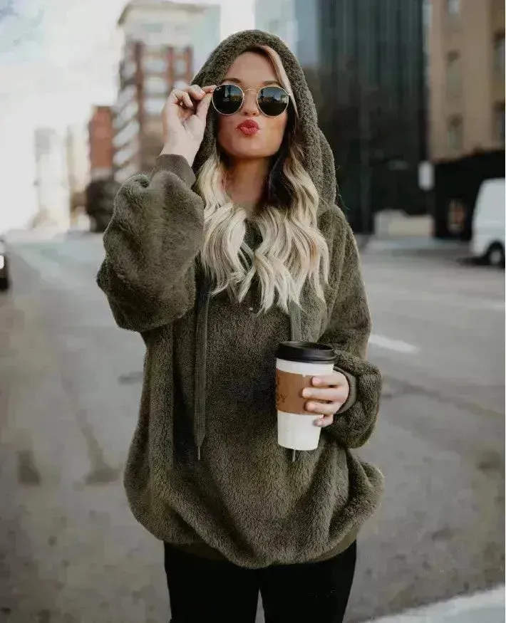 Women's Polerones Fleece Hoodie Pullover fall Winter Zipper Pocket Sweatshirt