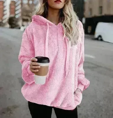 Women's Polerones Fleece Hoodie Pullover fall Winter Zipper Pocket Sweatshirt