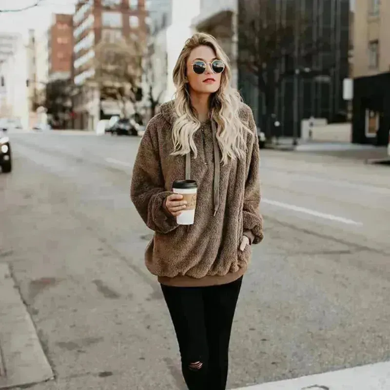 Women's Polerones Fleece Hoodie Pullover fall Winter Zipper Pocket Sweatshirt