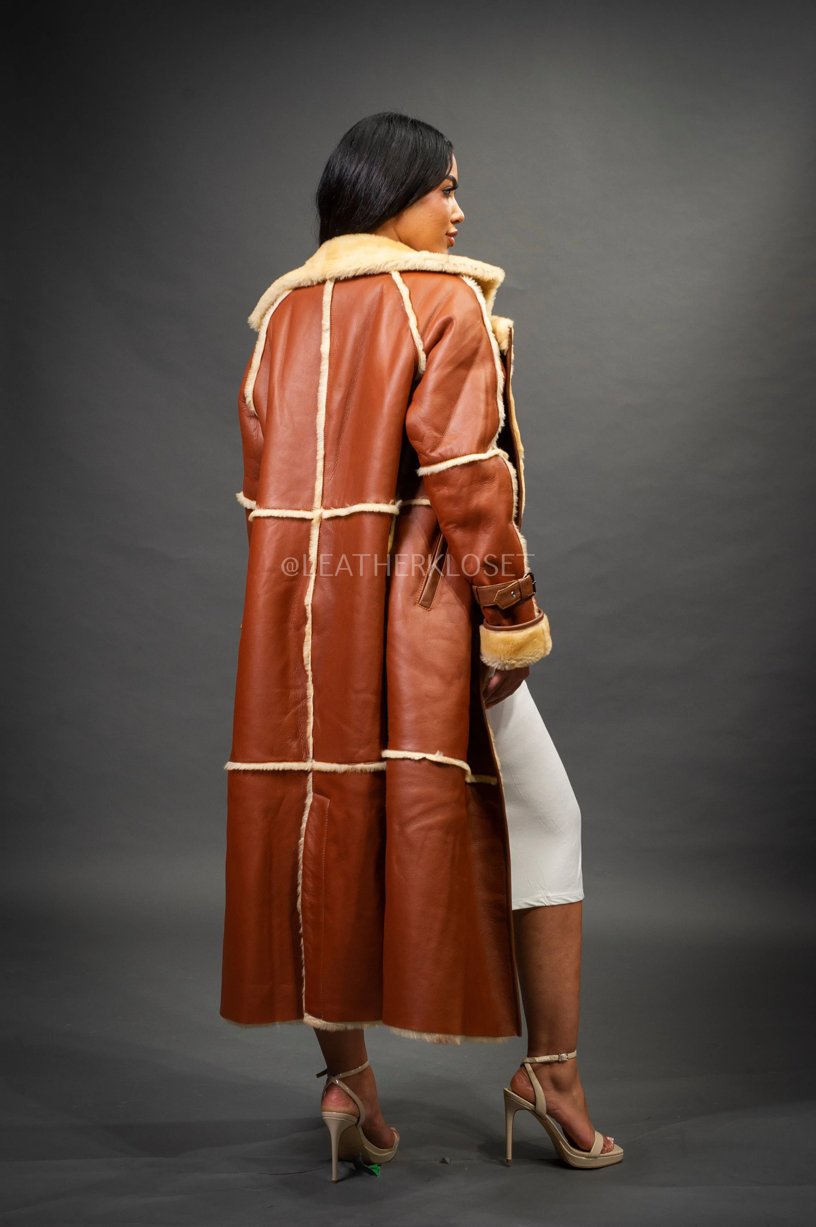 Women's Trinity Full Length Real Sheepskin Trench Coat [Tan]