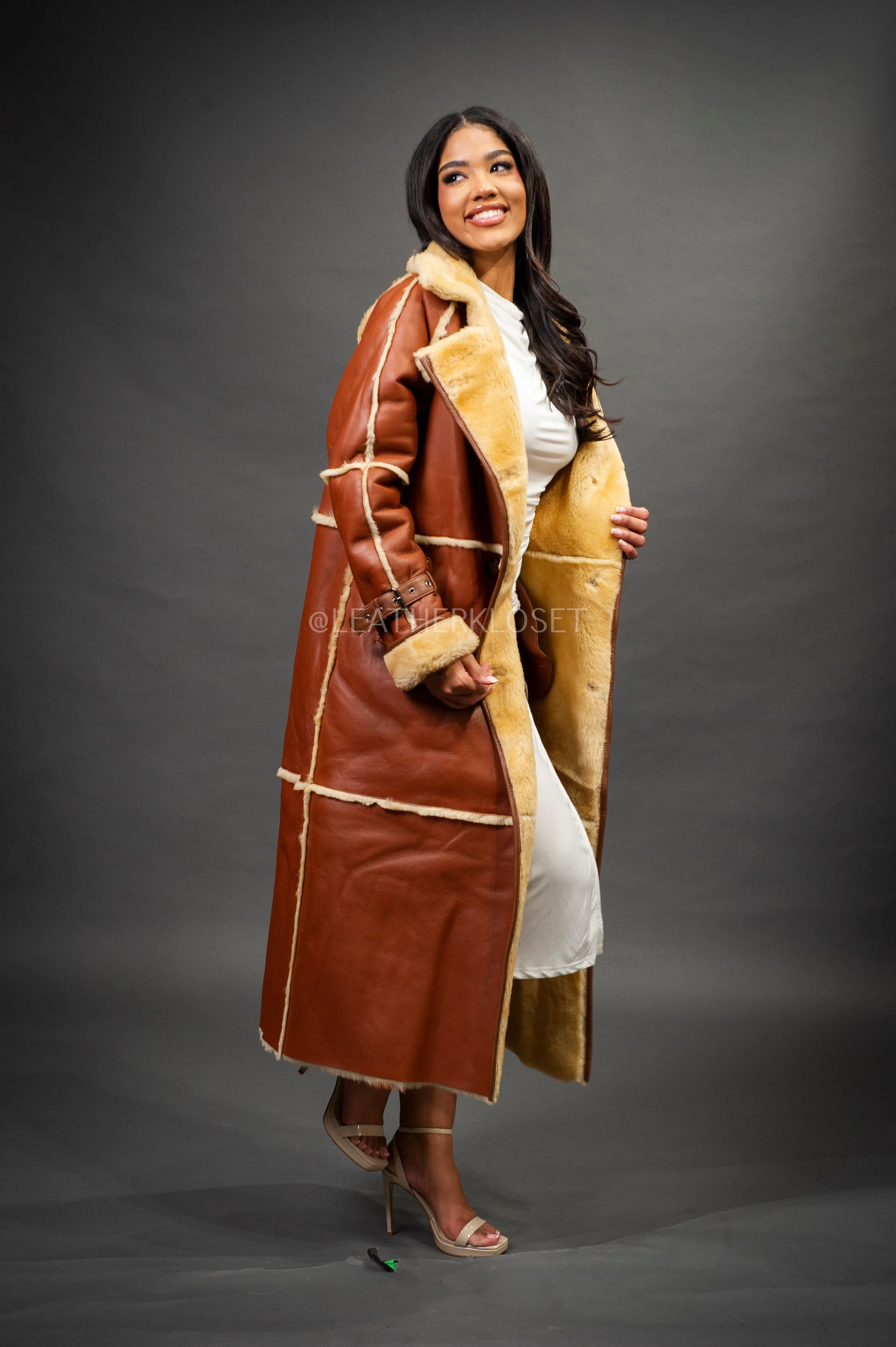 Women's Trinity Full Length Real Sheepskin Trench Coat [Tan]